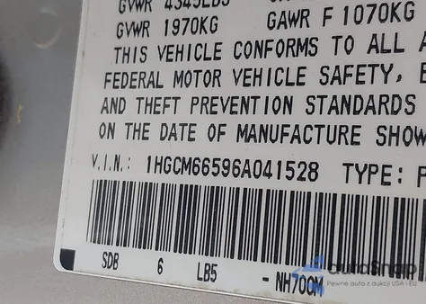 2006 Honda Accord 3.0 Ex из США, поврежденный, VIN 1HGCM66596A041528